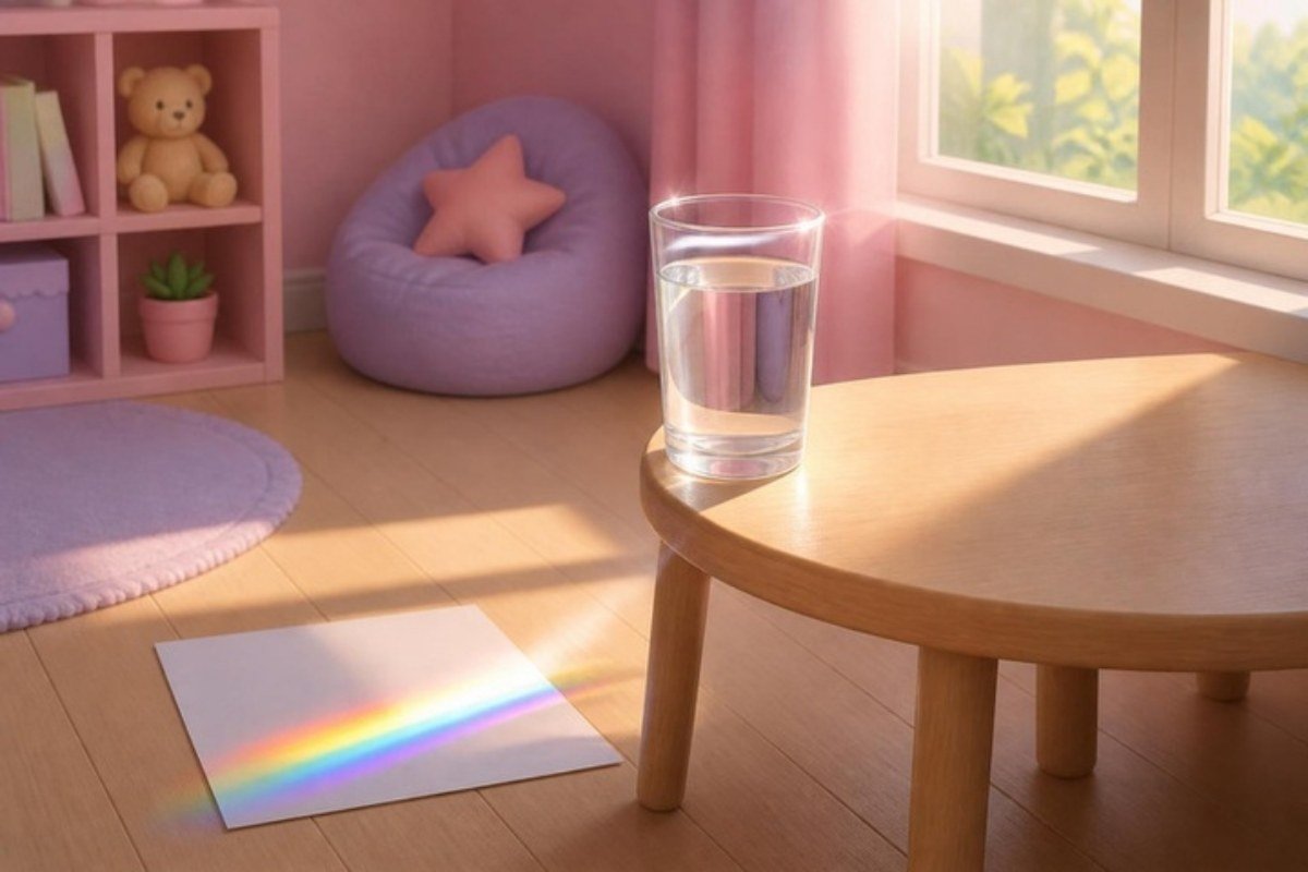 Copo de água na beirada da mesa no sol e um arco-íris no papel branco no chão