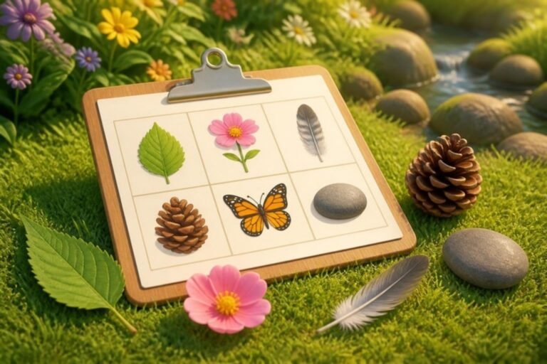 Cartela de bingo da natureza na grama com folha, flor, pena e pinha