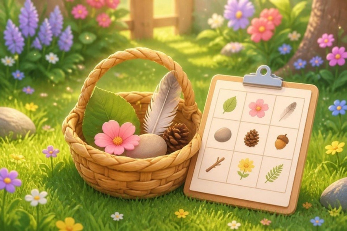 Cestinha na grama com folha, flor, pena, pedrinha e pinha ao lado da cartela do bingo