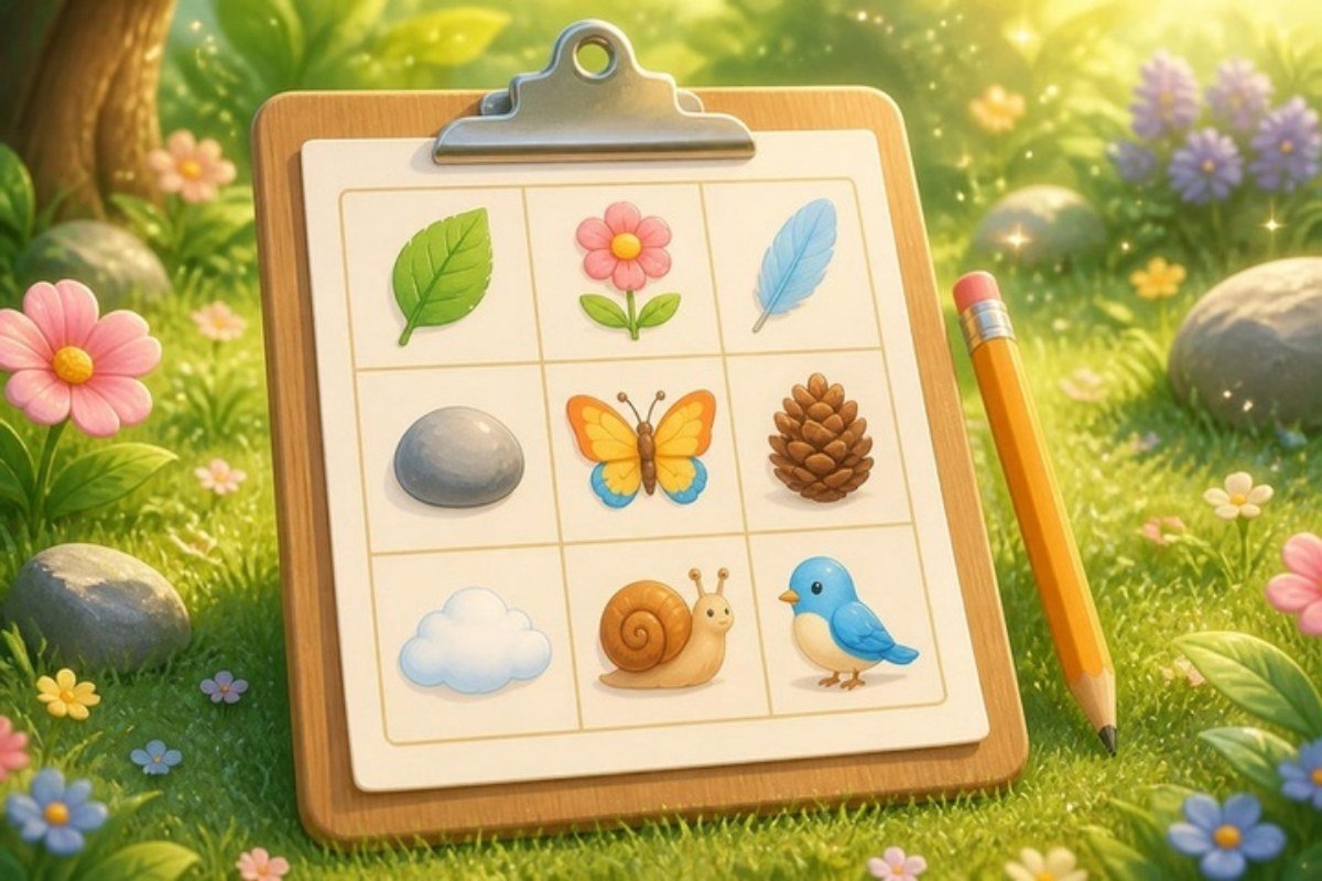 Prancheta com cartela de bingo 3 por 3 com desenhos de folha, flor, pena, pedra, borboleta, pinha, nuvem, caracol e passarinho