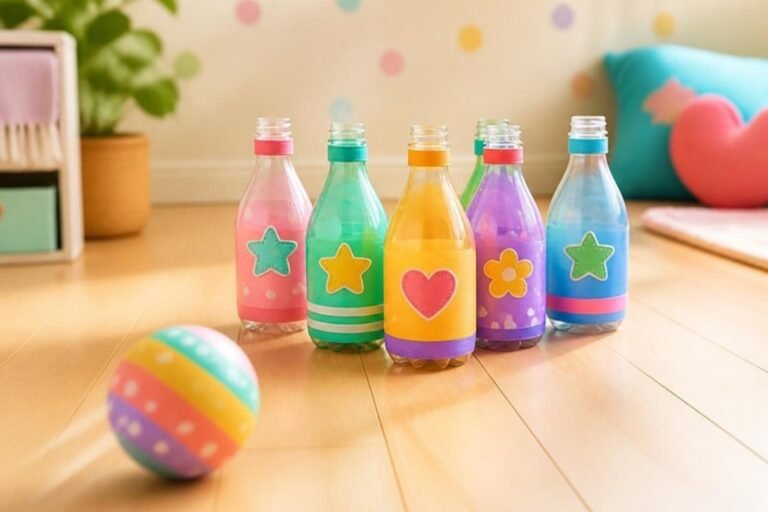 Garrafas PET decoradas em formato de triangulo e bolinha colorida no chao