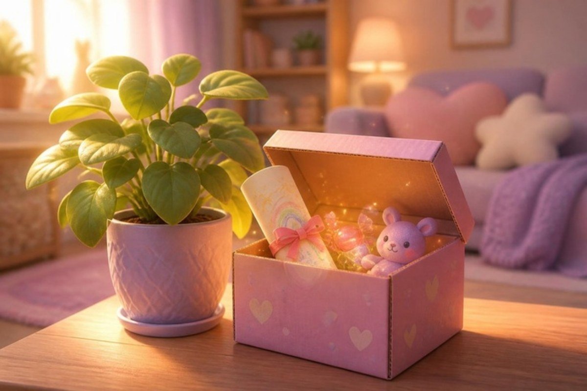 Caixinha do tesouro aberta atrás de um vaso de planta, com desenho, docinhos e brinquedo