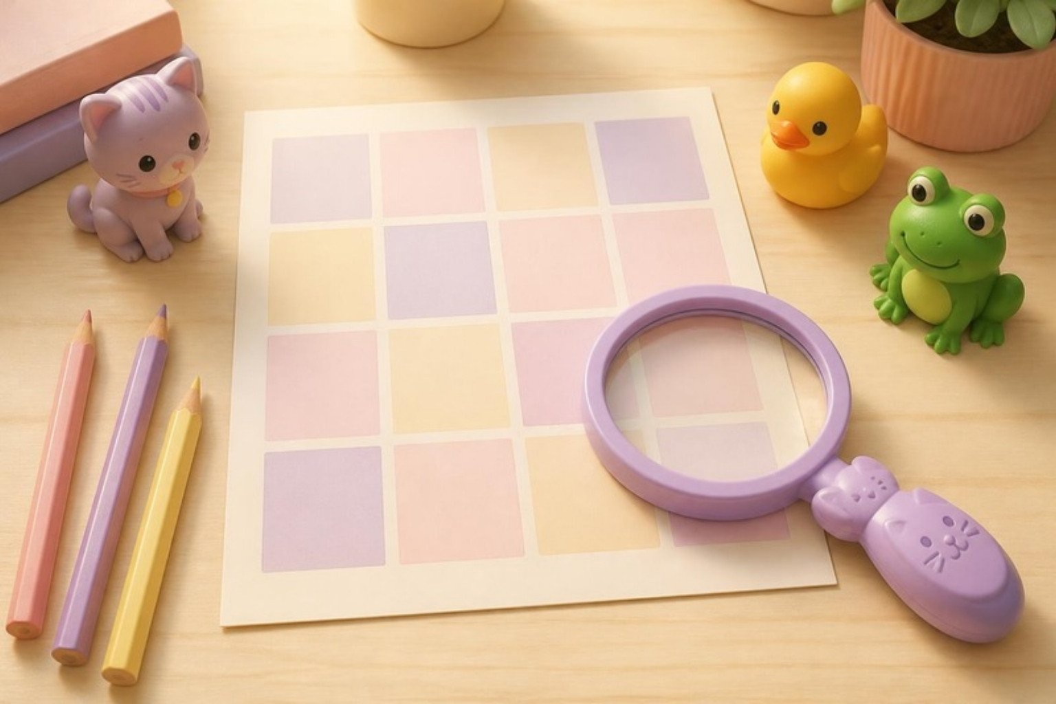 Folha de caça-palavras infantil com lupa, lápis de cor e bichinhos de brinquedo