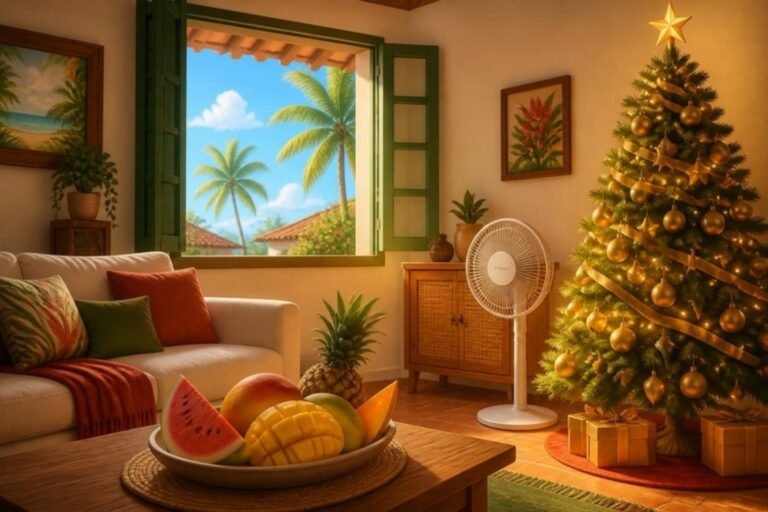 Sala com árvore de Natal, ventilador e frutas num dia de sol