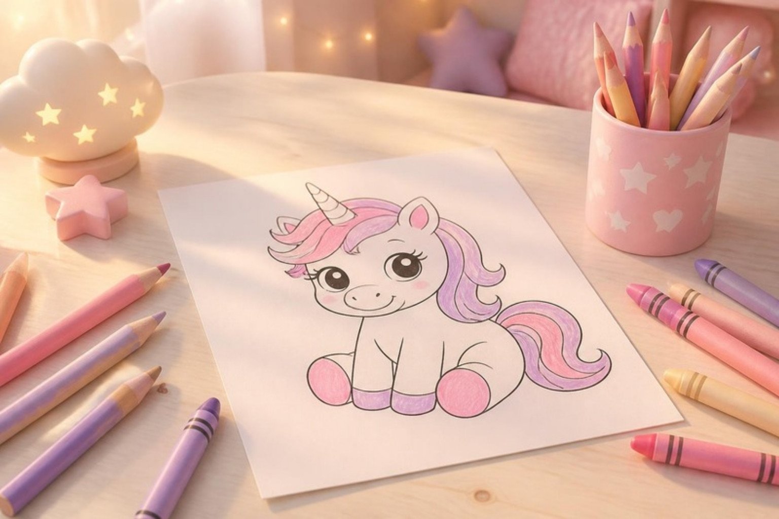 Folha com desenho de unicórnio sendo colorido de rosa e lilás, cercada de lápis de cor e giz de cera