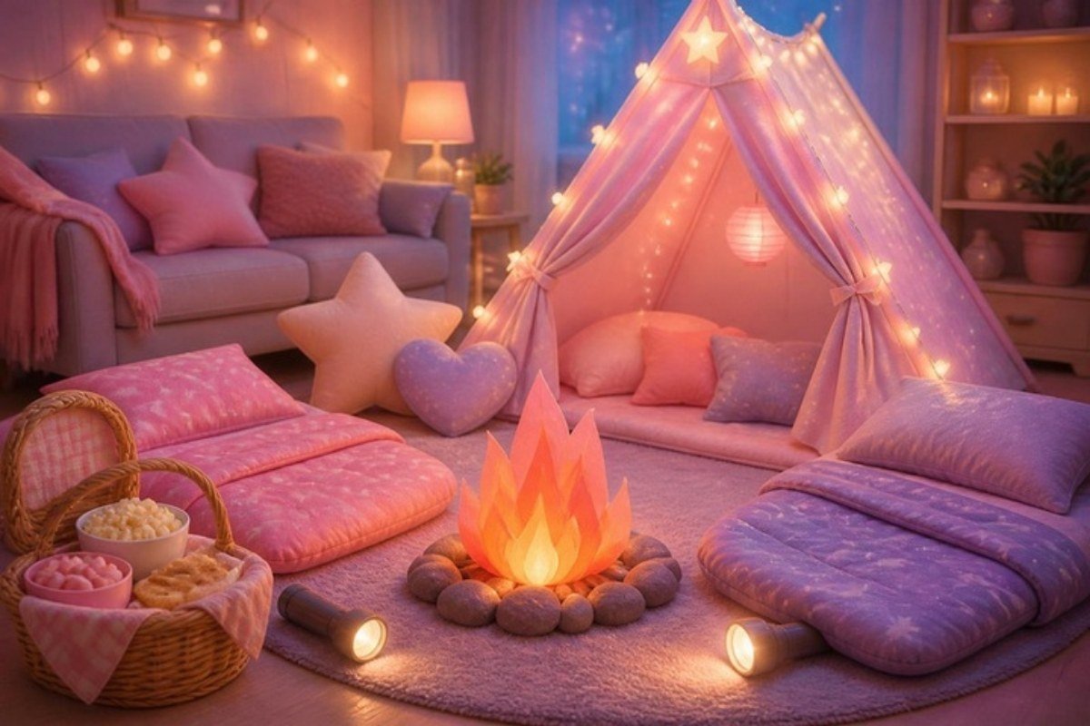 Acampamento na sala com barraca, sacos de dormir, lanternas e fogueira de papel