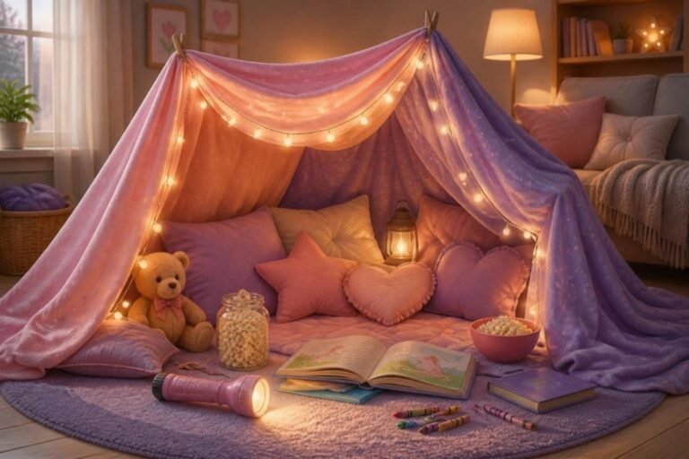 Cabana de lençol na sala com luzinhas, almofadas e livros