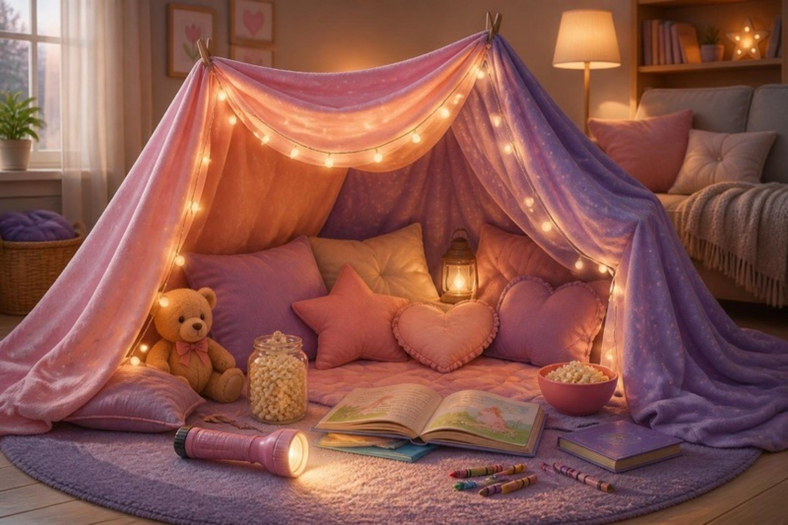 Cabana de lençol na sala com luzinhas, almofadas e livros