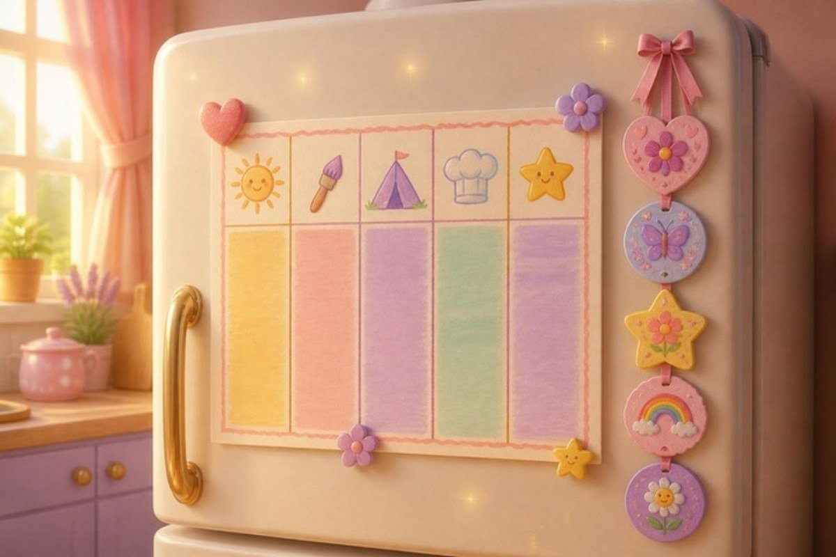 Quadro da semana colorido preso na geladeira com desenhos de cada dia e crachás ao lado