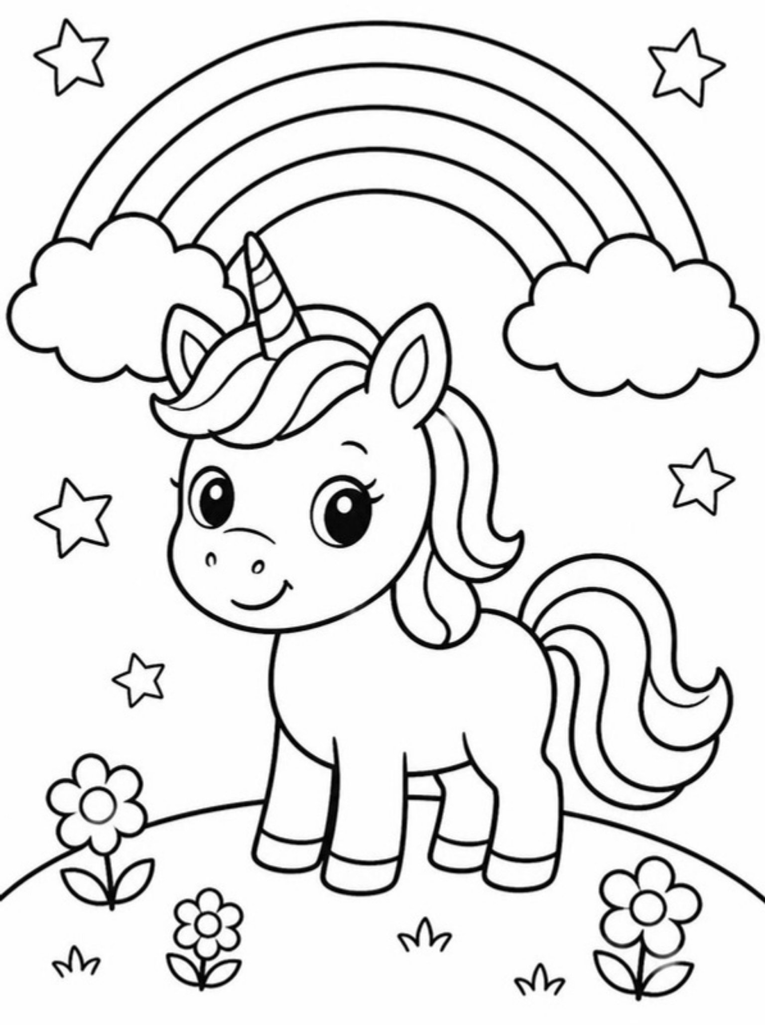 Desenho de unicórnio para colorir com arco-íris, nuvens, estrelas e flores
