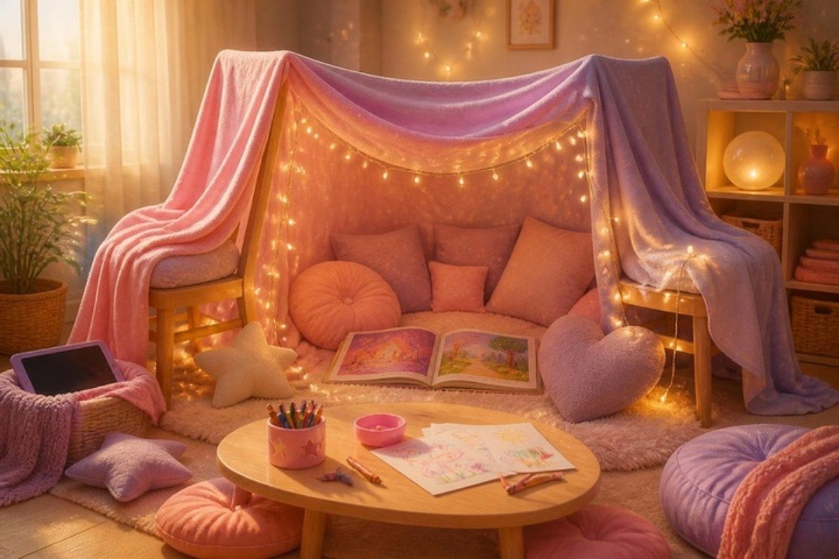 Cabaninha de lençol com luzinhas, almofadas, livros e lápis de cor na sala