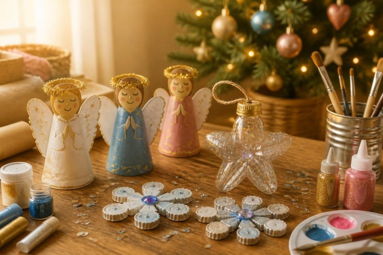 Enfeites de Natal feitos com rolinhos, tampinhas e garrafa