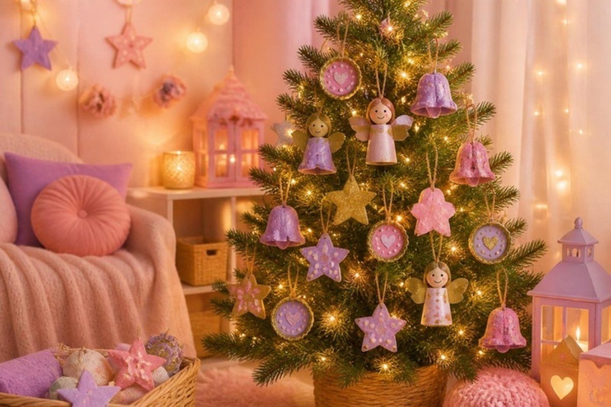 Árvore de Natal enfeitada com enfeites feitos à mão e luzinhas na sala