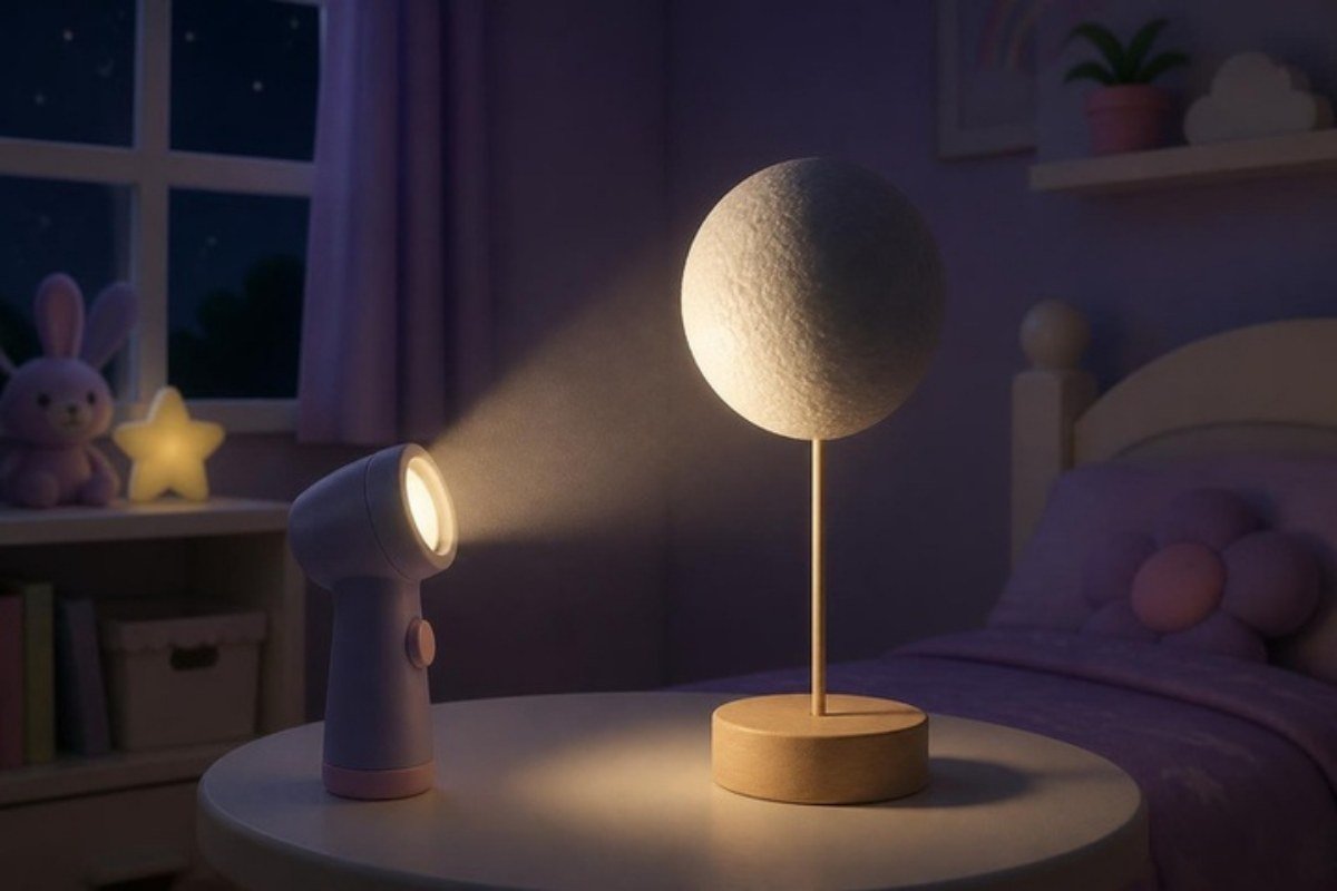 Lanterna iluminando uma bola branca num palito em um quarto escuro, metade clara e metade na sombra