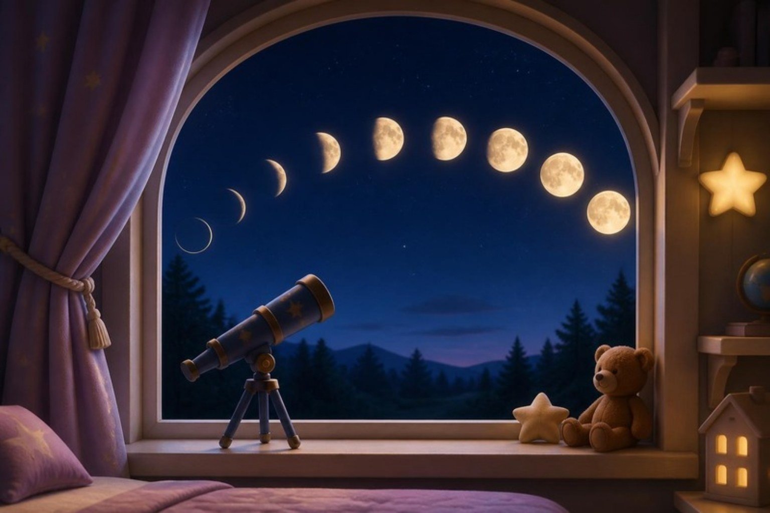 Fases da Lua vistas pela janela de um quarto com telescópio