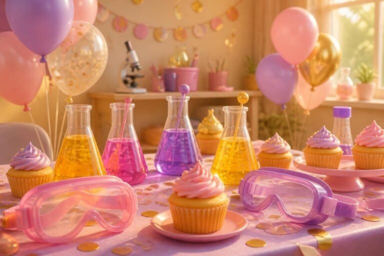 Mesa de festa de cientista com óculos de proteção, sucos e cupcakes