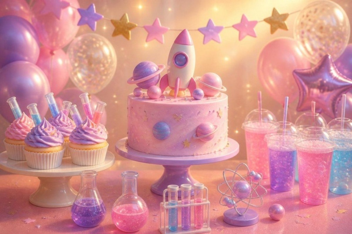 Mesa de festa com bolo de foguete, cupcakes e drinks coloridos em tema de ciência