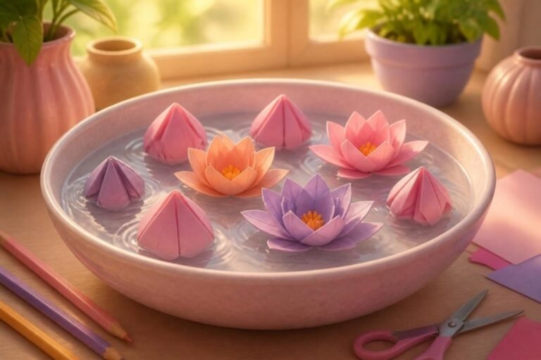 Flores de papel abrindo numa bacia de água