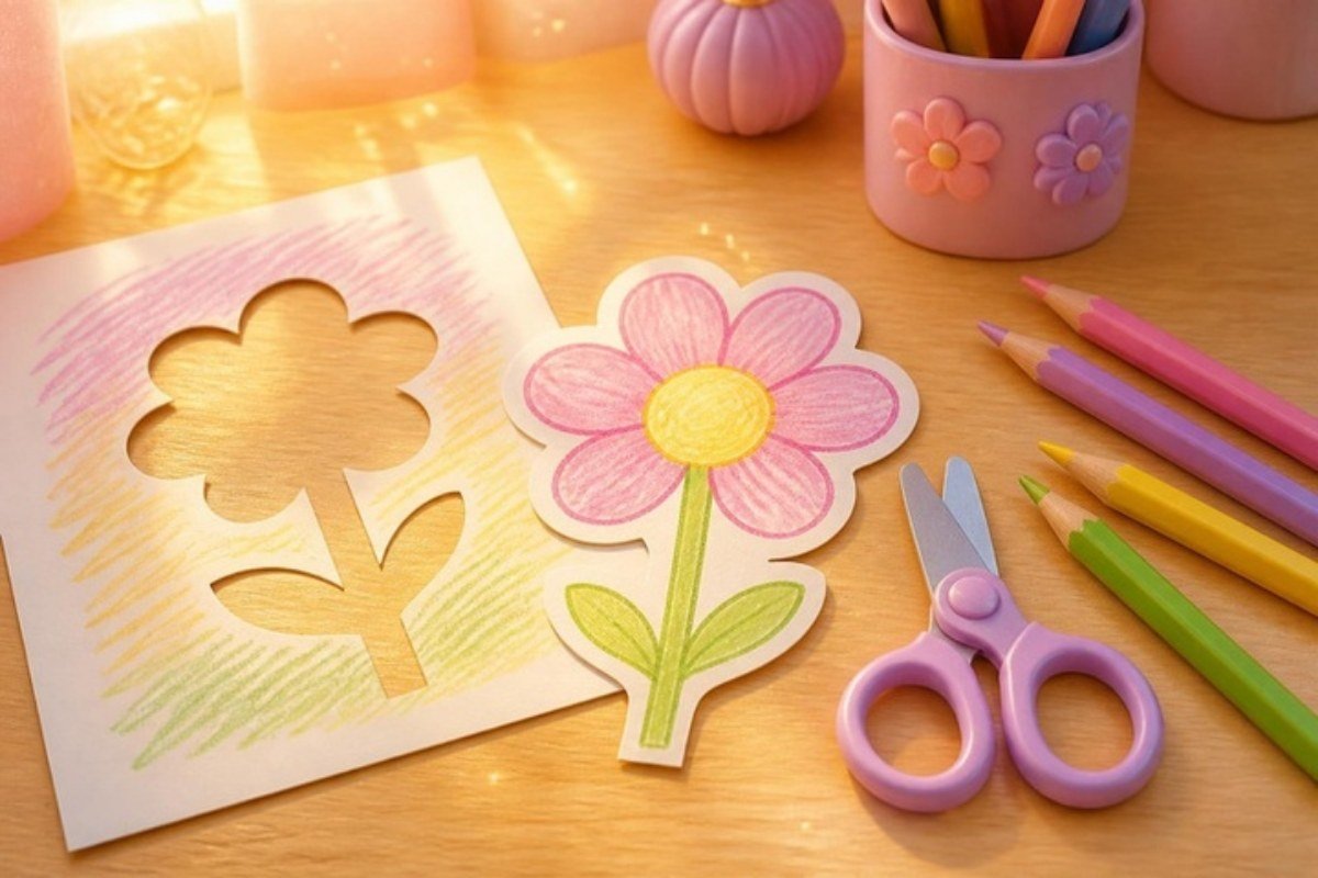 Flor de papel pintada e recortada ao lado de tesoura sem ponta e lápis de cor
