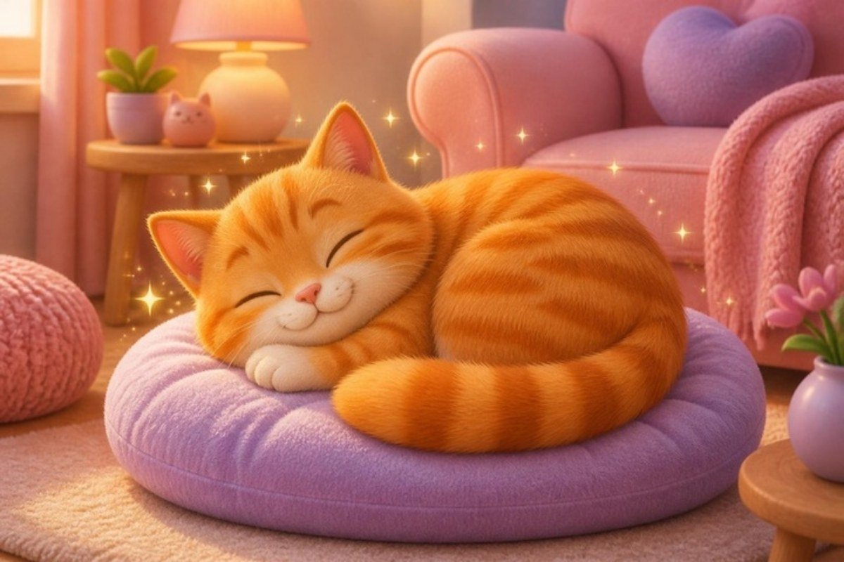 Gato laranja enrolado dormindo feliz numa almofada lilás