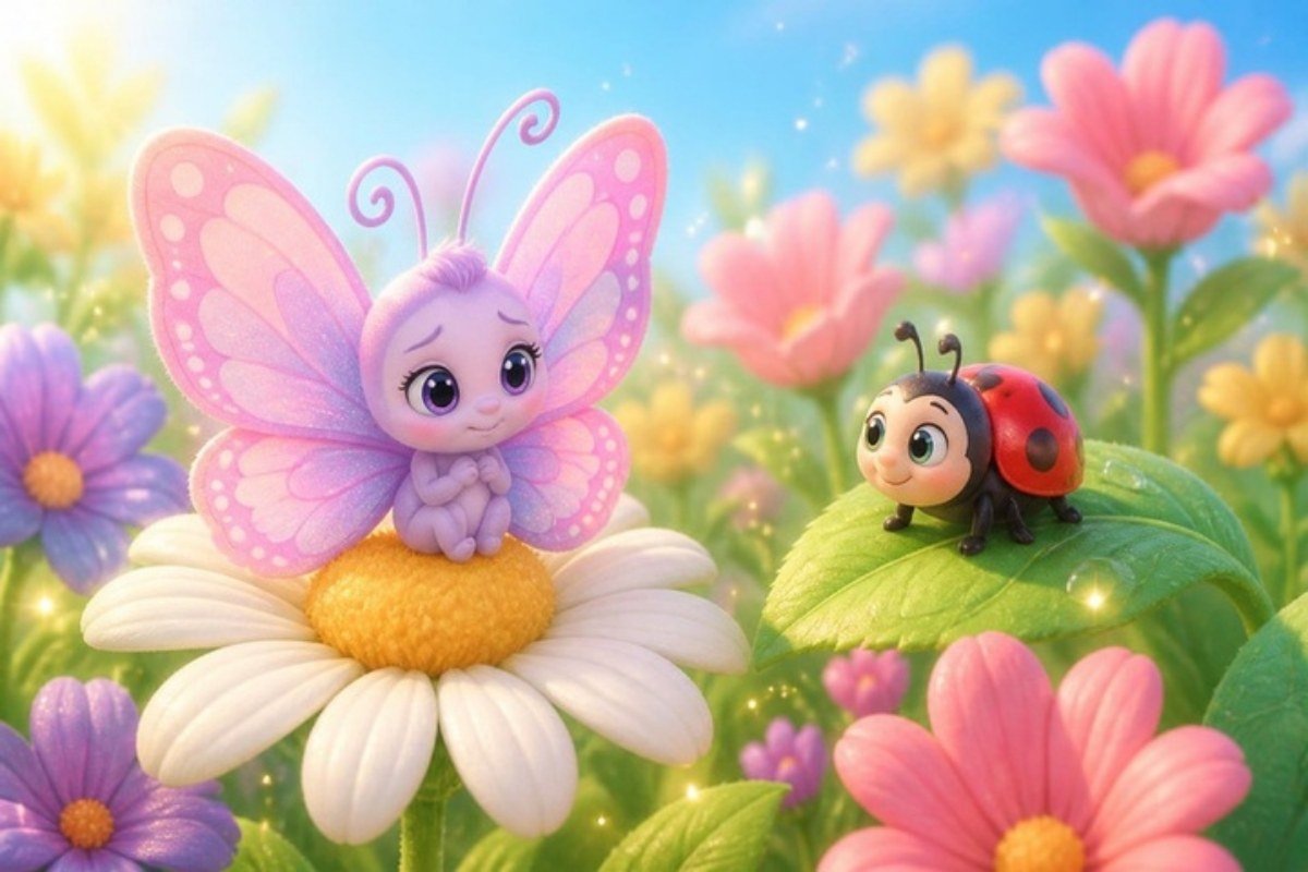 Borboletinha rosa e lilás em cima de uma margarida conversando com uma joaninha
