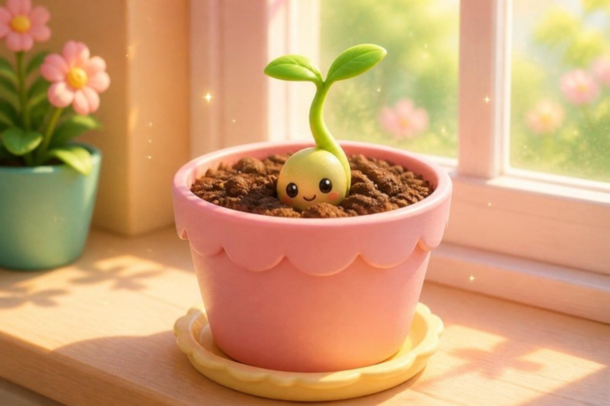 Sementinha sorridente com um brotinho saindo da terra num vasinho rosa na janela
