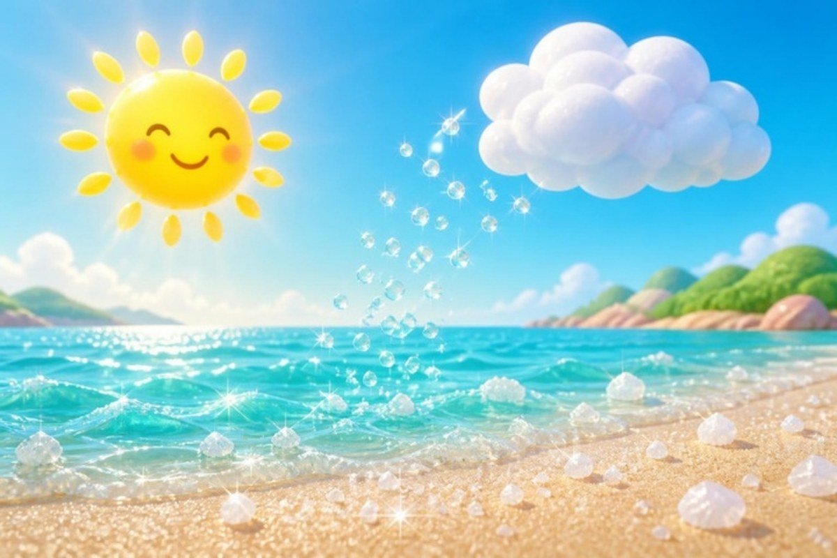 Sol sorridente sobre o mar com gotinhas subindo para a nuvem e cristais de sal brilhando nas ondas