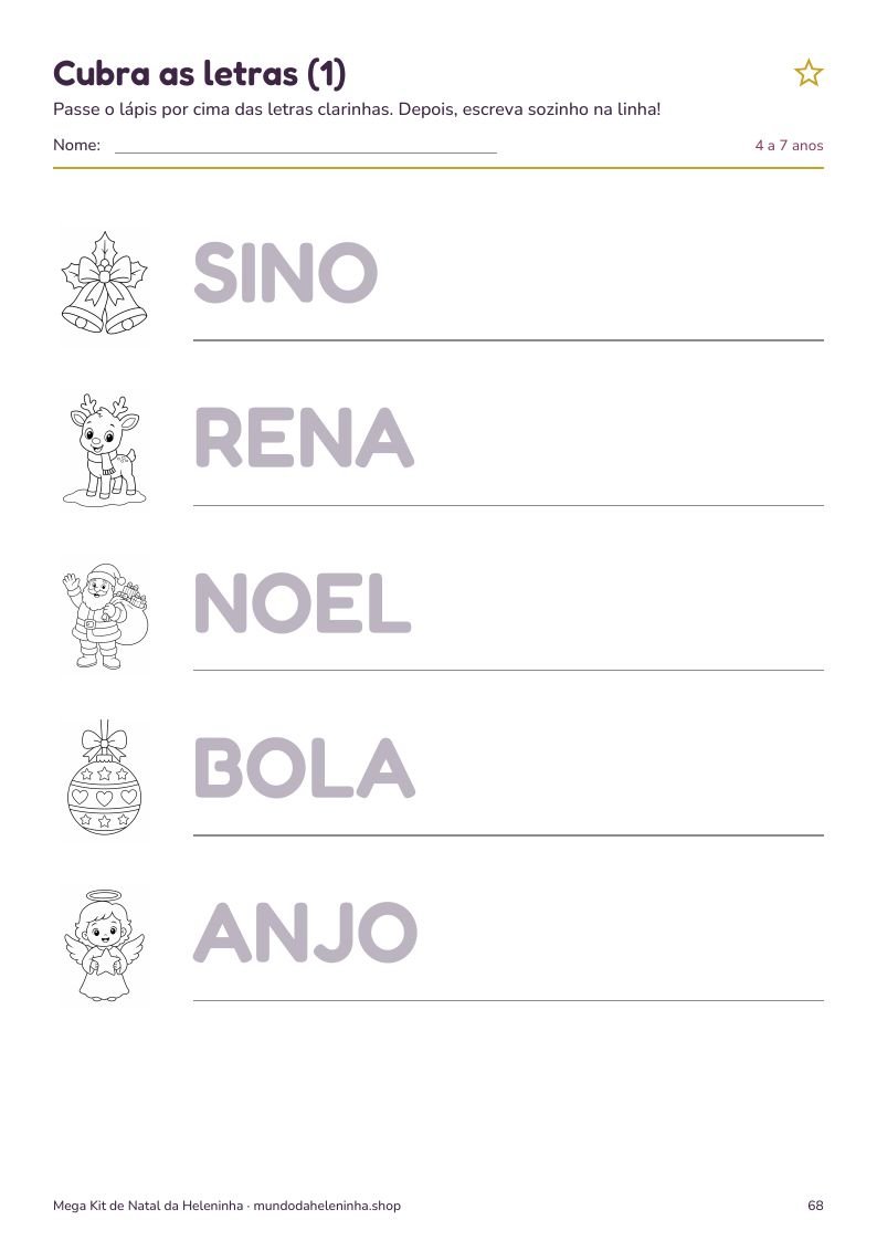 Cubra as letras, página do Mega Kit de Natal