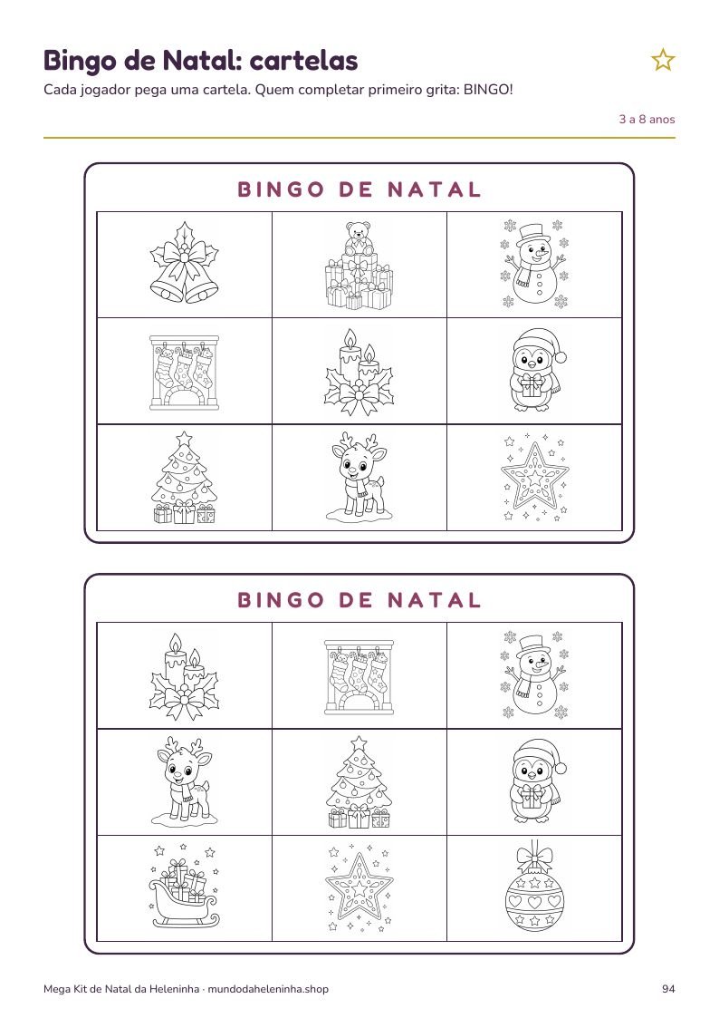Bingo de Natal, página do Mega Kit de Natal