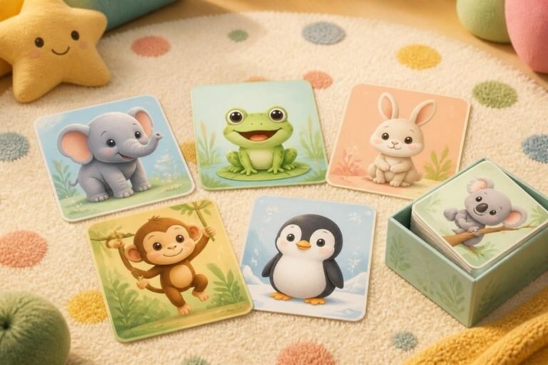 Cartinhas com desenhos de bichos espalhadas num tapete
