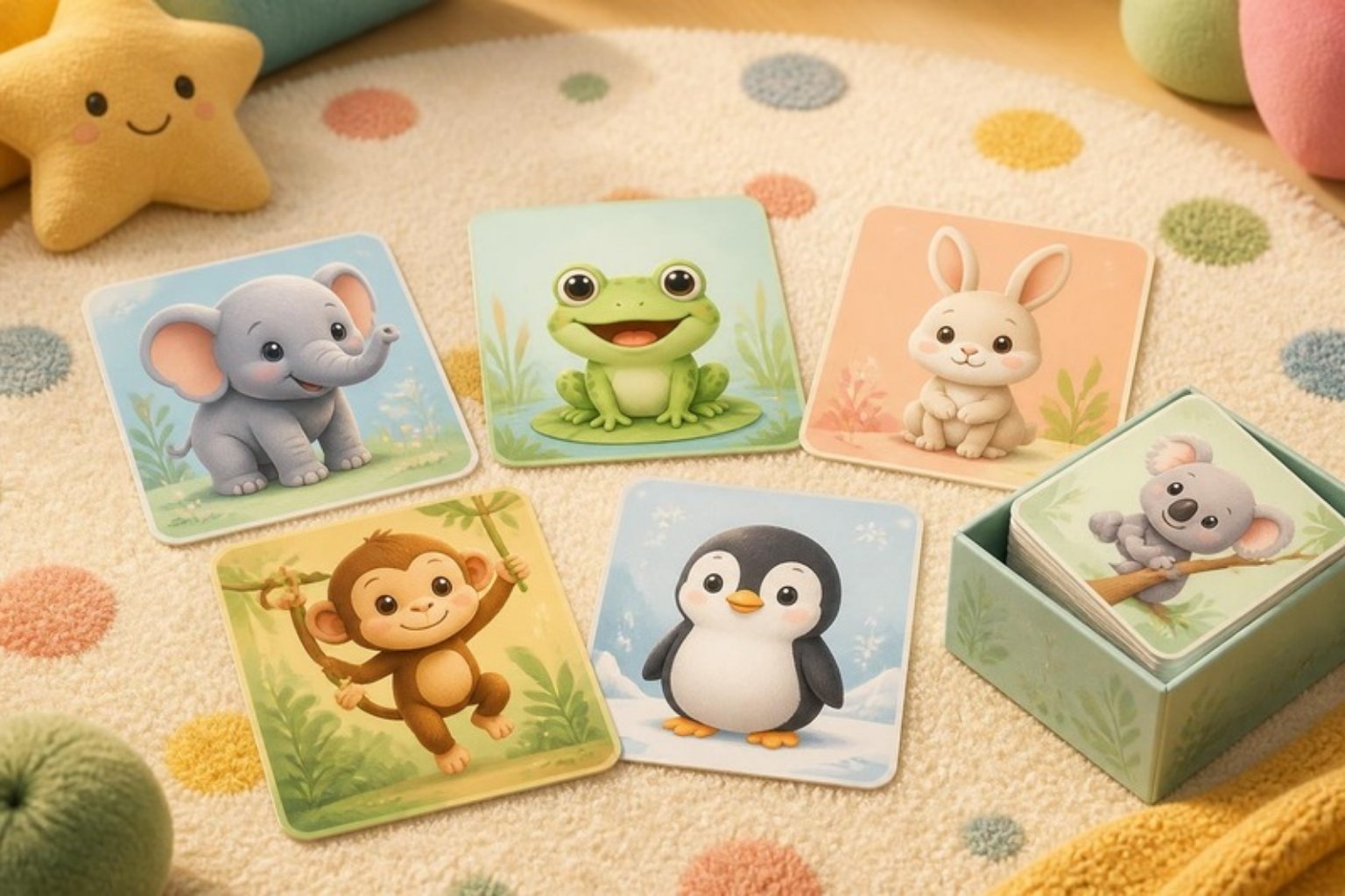 Cartinhas com desenhos de bichos espalhadas num tapete