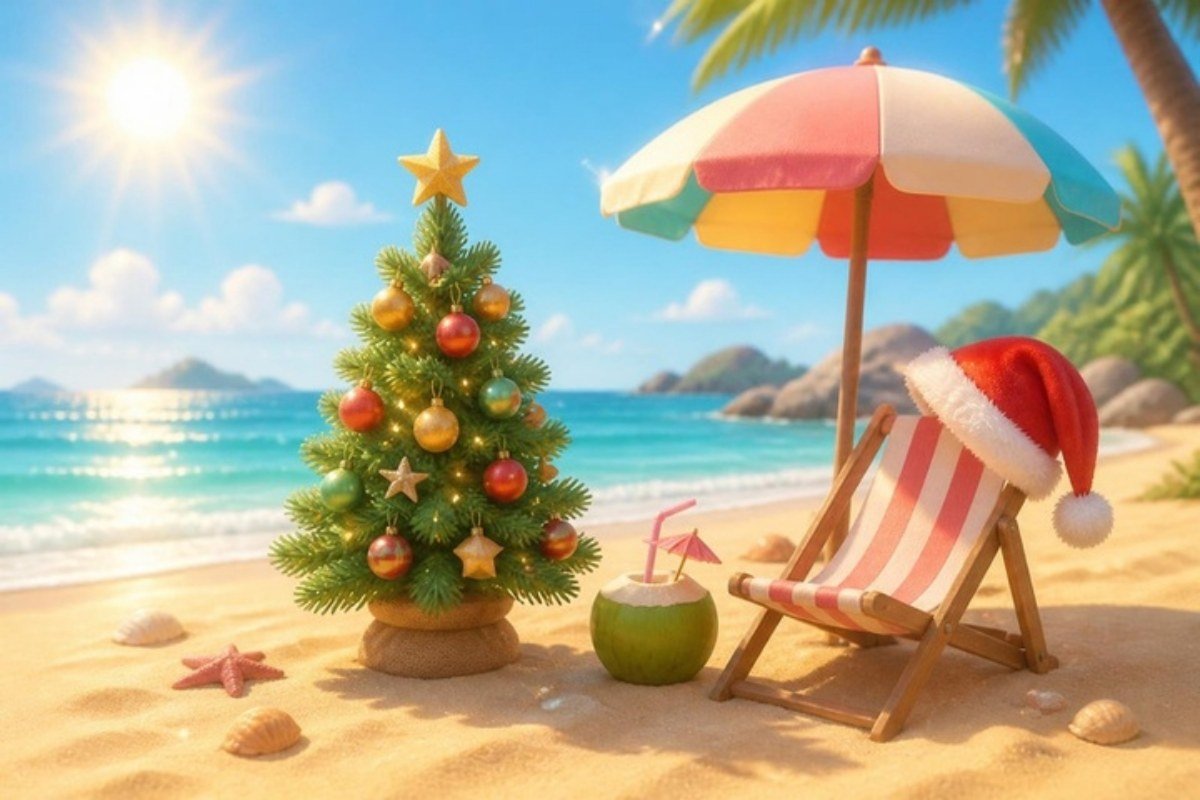 Árvore de Natal enfeitada na areia da praia com sol, guarda-sol e gorro de Papai Noel
