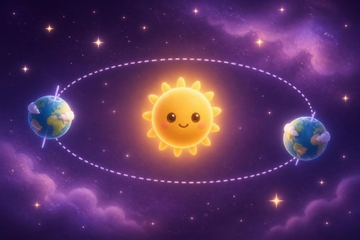 A Terra inclinada dando a volta no Sol em duas posições opostas da órbita
