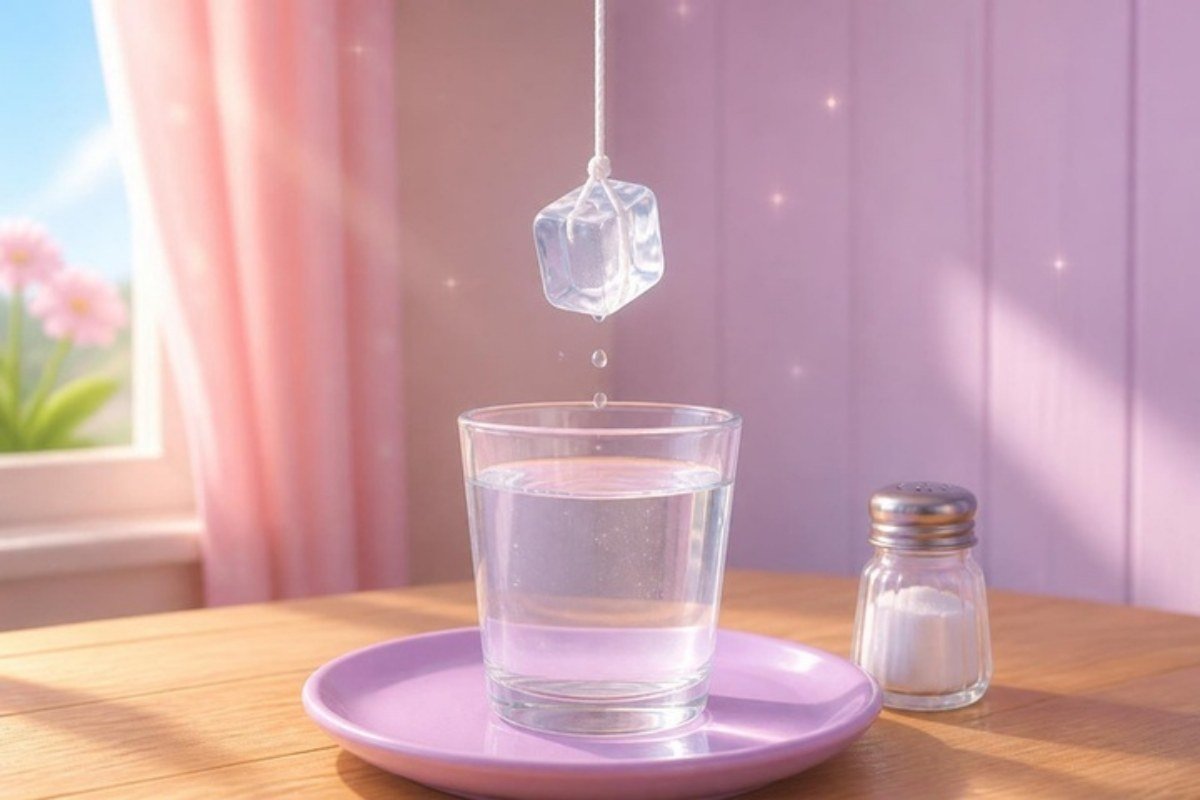 Cubo de gelo pendurado no barbante acima do copo de água