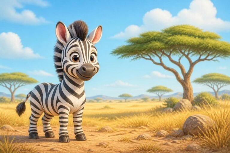 Zebra fofinha na savana com acacia ao fundo