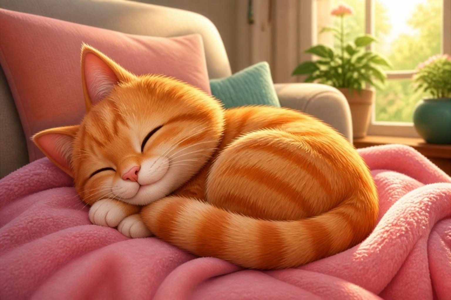 Gato laranja dormindo feliz numa manta rosa