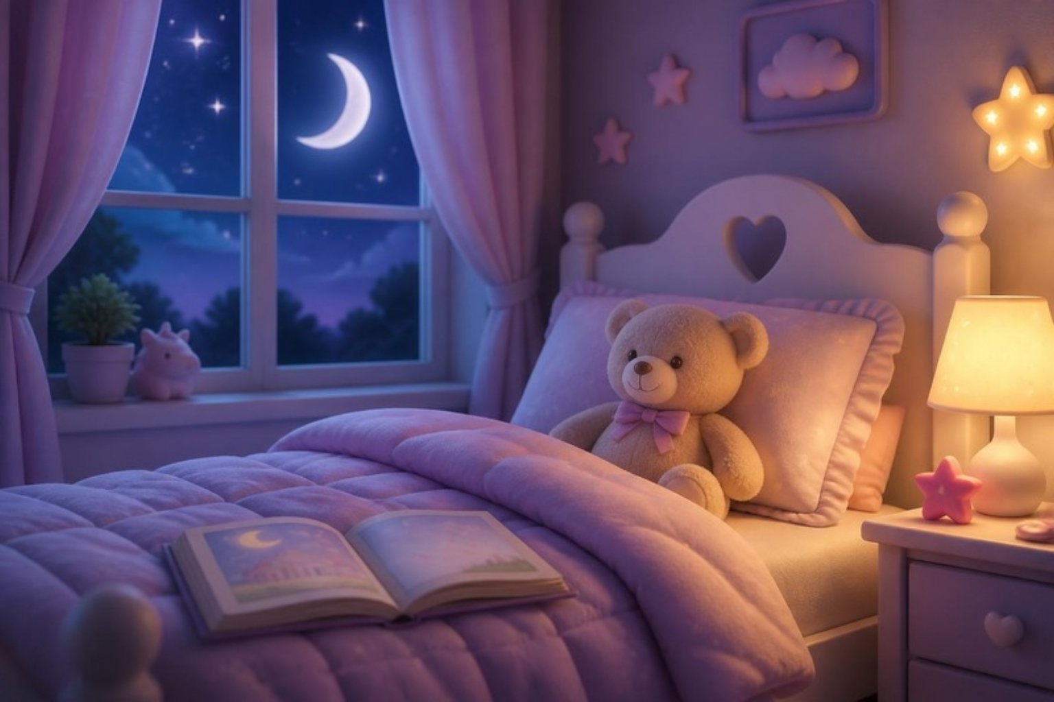 Cama infantil com ursinho, abajur aceso e lua na janela