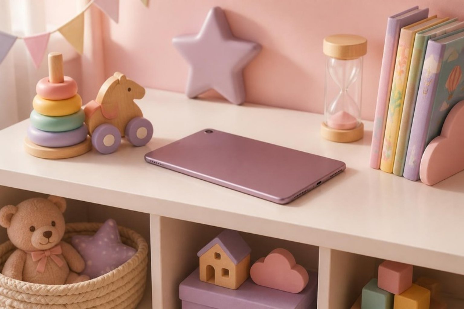 Estante infantil com tablet deitado ao lado de brinquedos de madeira, livros e ampulheta