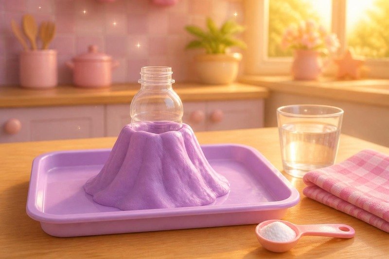 Garrafinha dentro da montanha de massinha lilás numa bandeja, com bicarbonato e vinagre ao lado
